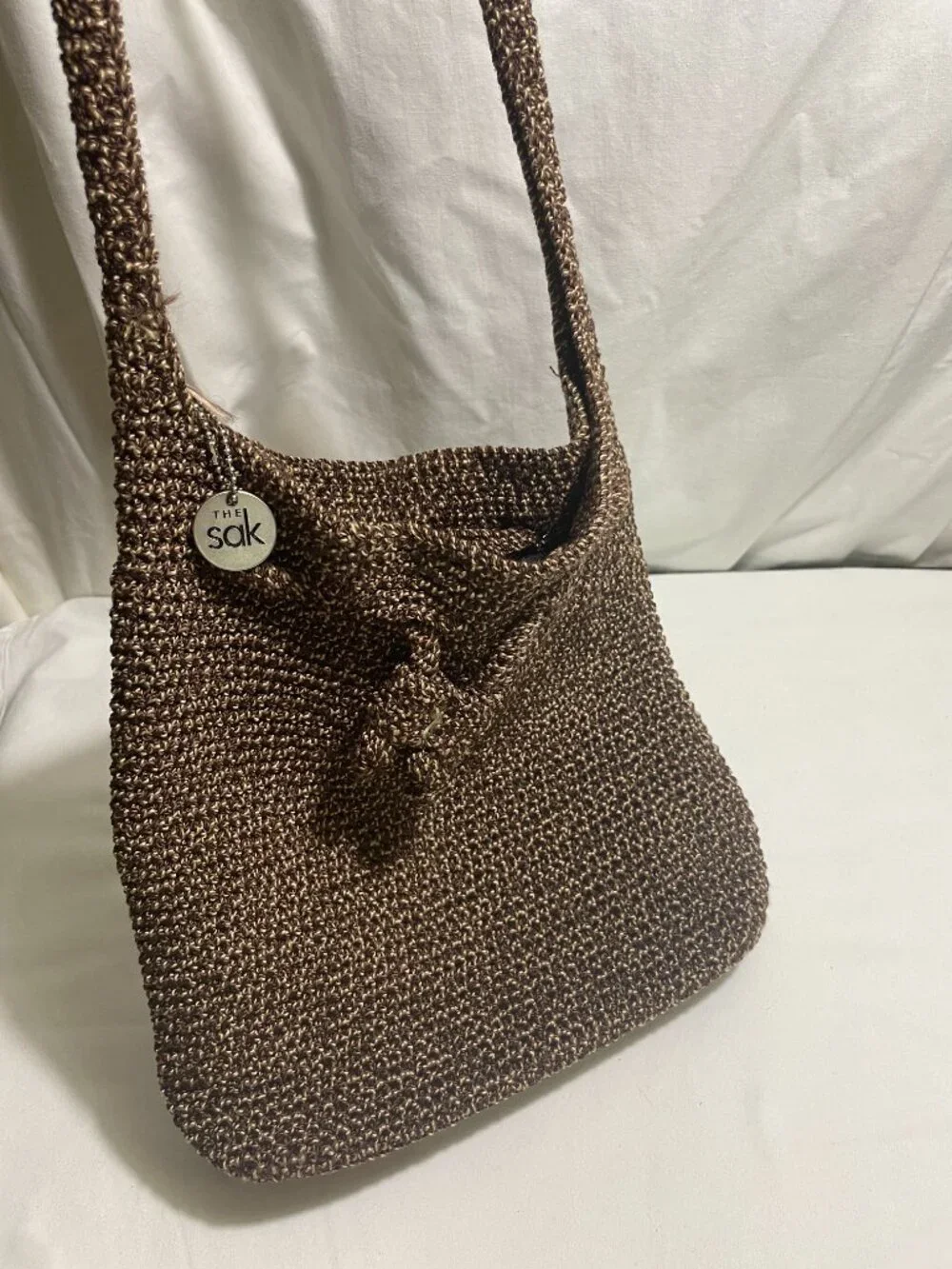 The Sak Brown Crochet Knit Drawstring Shoulder Bag Boho Slouch Hobo Purse